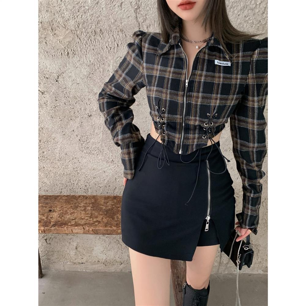 kaos wanita korean style short POLO collar plaid long-sleeved top tunic T-shirt women