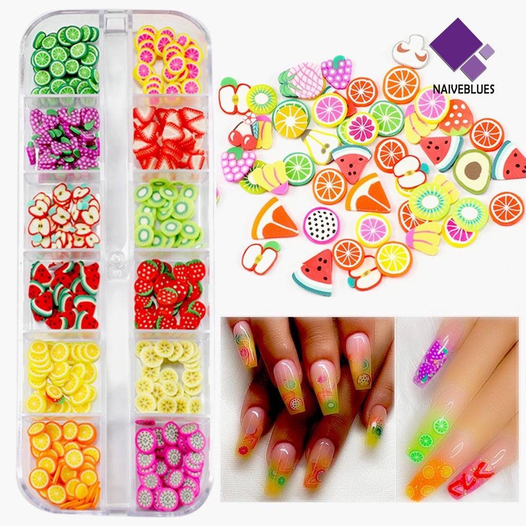 Naiveblue 1 Kotak Charms 3D Bentuk Buah Warna-Warni Bahan PVC Tahan Air Untuk Dekorasi Nail Art