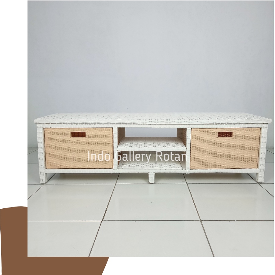 Rak TV Laci Serbaguna Rotan Sintetis Isi 2 Laci Samping Plus Tempat DVD Ukuran Minimalis