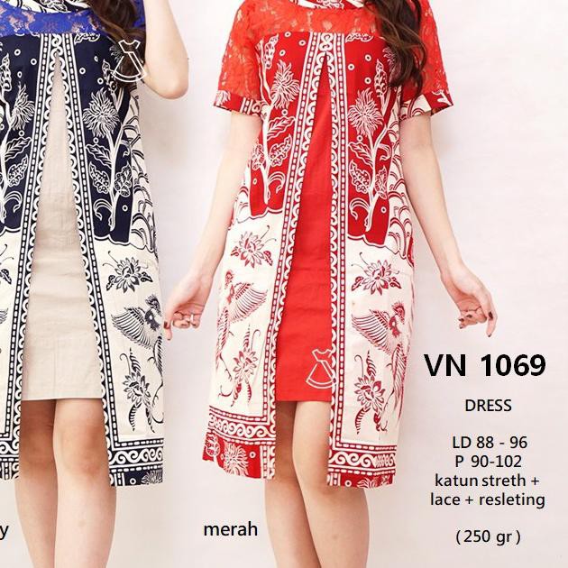 LHT VN169 - DRESS PESTA BATIK IMLEK DRESS BATIK NATAL LACE BRUKAT NAVY MERAH WANITA  GROSIR JUMBO .