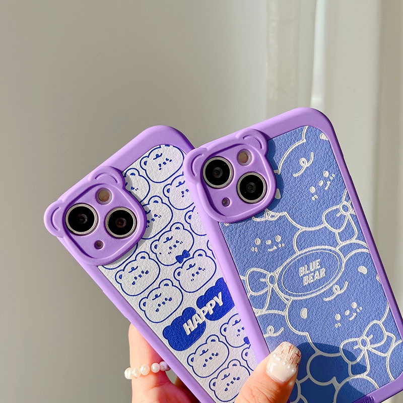 Soft case TPU Motif Kartun Beruang Warna Biru Ungu Untuk iPhone 11 12 13 Pro Max XS Max X XR 7 8 Plus