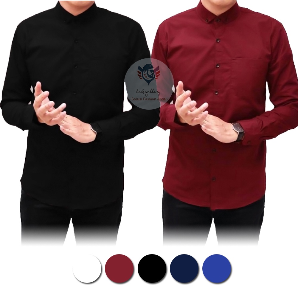 Kemeja polos pria lengan panjang warna baju basic cowok slimfit ukuran L sampai XXL