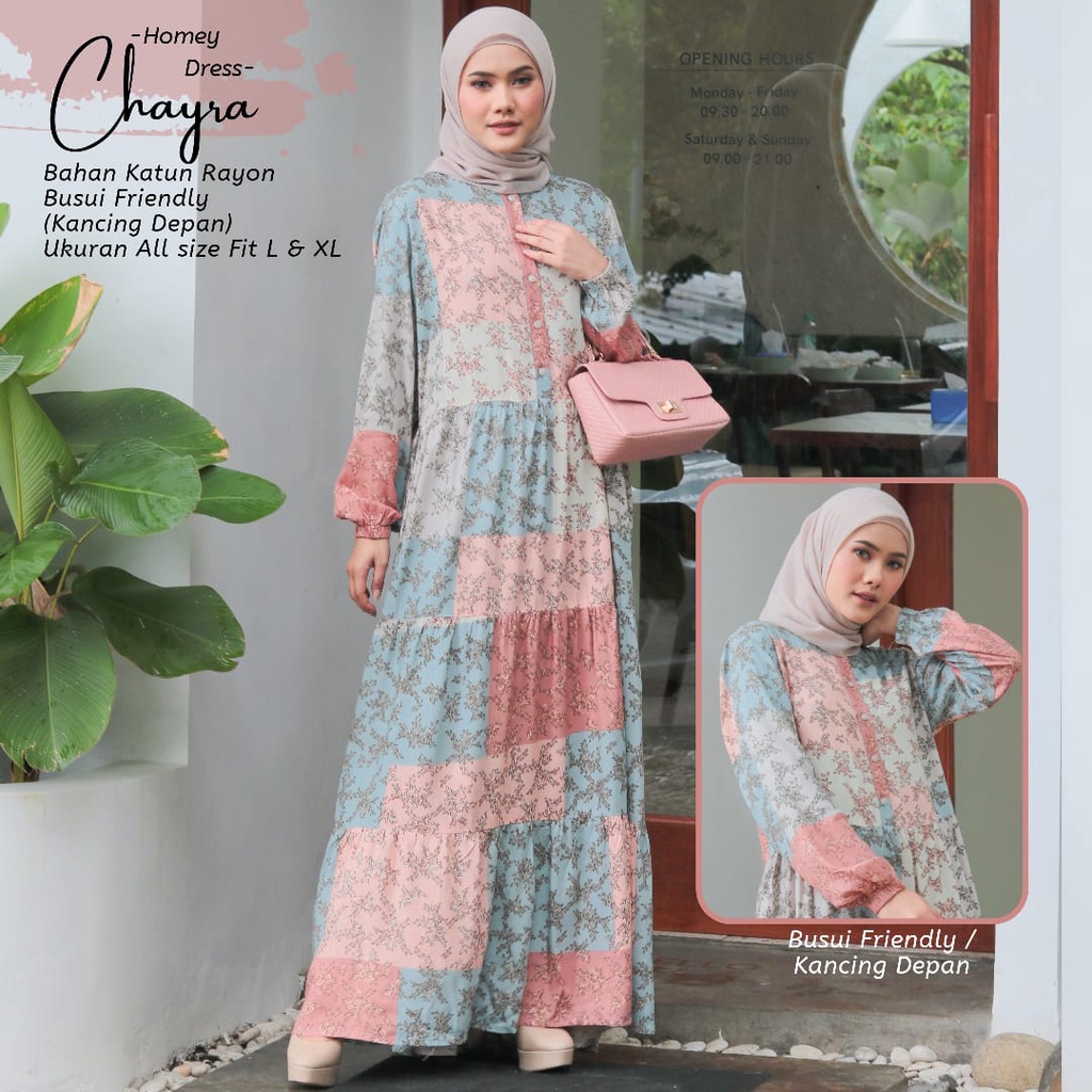 Gamis Dewasa Motif Daun - Homey Dress Chayra Jumbo Ukuran XL LD 120 - Bahan Katun Rayon Premium - Gamis Dewasa Jumbo