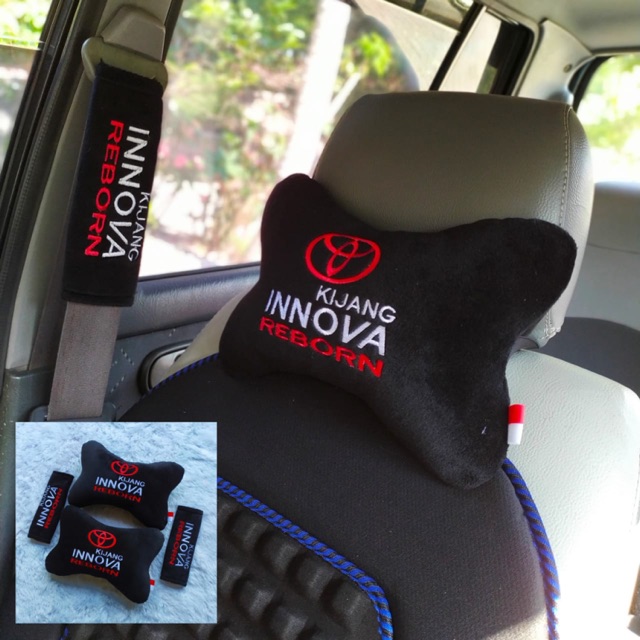 Set bantal mobil headrest mobil toyota kijang innova reborn hitam premium bestseller spesial