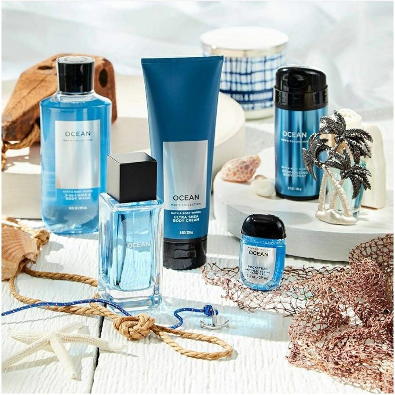 BATH AND BODY WORKS BBW MEN'S COLLECTION OCEAN SERIES BODY CREAM 226 G &amp; 70 G 2IN1 3IN1 HAIR , FACE &amp; BODY WASH 295 ML &amp; 88 ML DEODORIZING BODY SPRAY 104 G MINI COLOGNE 100 G &amp; 15 ML SHAVE GEL 191 G ROOMSPRAY 42,5 G POCKETBAC HANDCREAM 29 ML