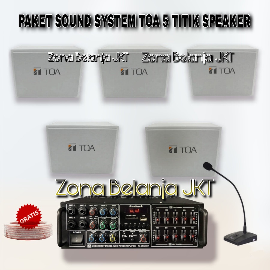 PAKET SOUND SYSTEM TOA BOX 5 SPEAKER CAFE RESTO KLINIK PANGGILAN AMPLI USB BLUETOOTH (M-1)