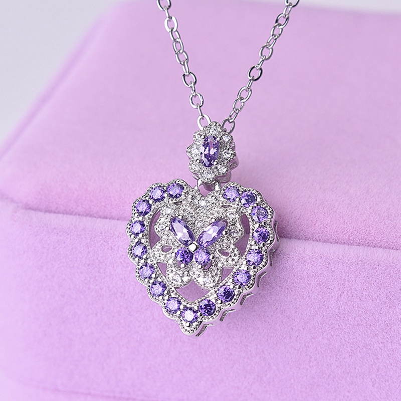 Kalung Rantai Sterling Silver 925 Dengan Liontin Kupu-Kupu + Berlian + Batu Amethyst + Zircon Untuk Wanita