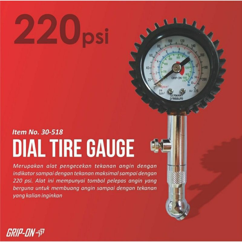 GRIP-ON Dial Type Tire Gauge 220psi Alat  Pengukur Tekanan Angin Ban Motor Mobil Model Bulat Lonceng