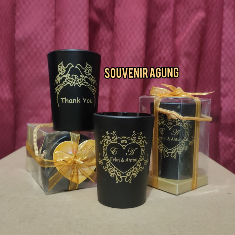 Souvenir pernikahan gelas beling hitam kemas mika + custom sablon