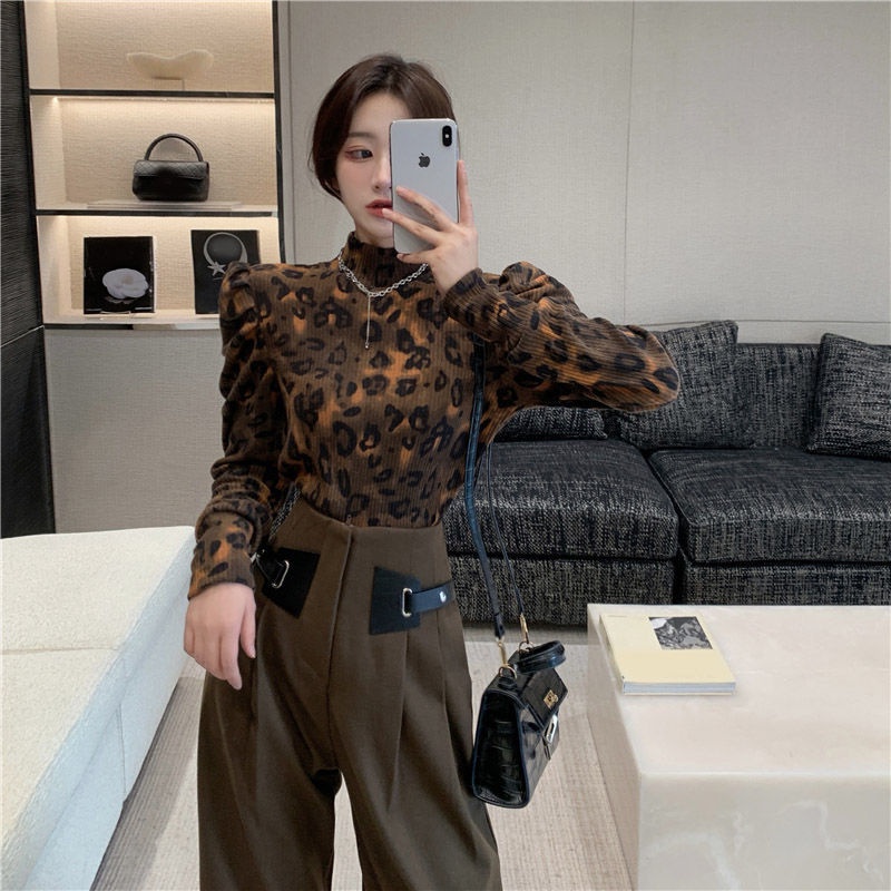 Suhao Amerika Atasan Retro Hong Kong Gaya Macan Tutul Cetak Setengah Turtleneck Bottoming Kemeja Wan