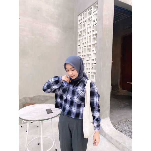 kemeja flanel wanita atasan wanita crop top Flanel Lengan balon