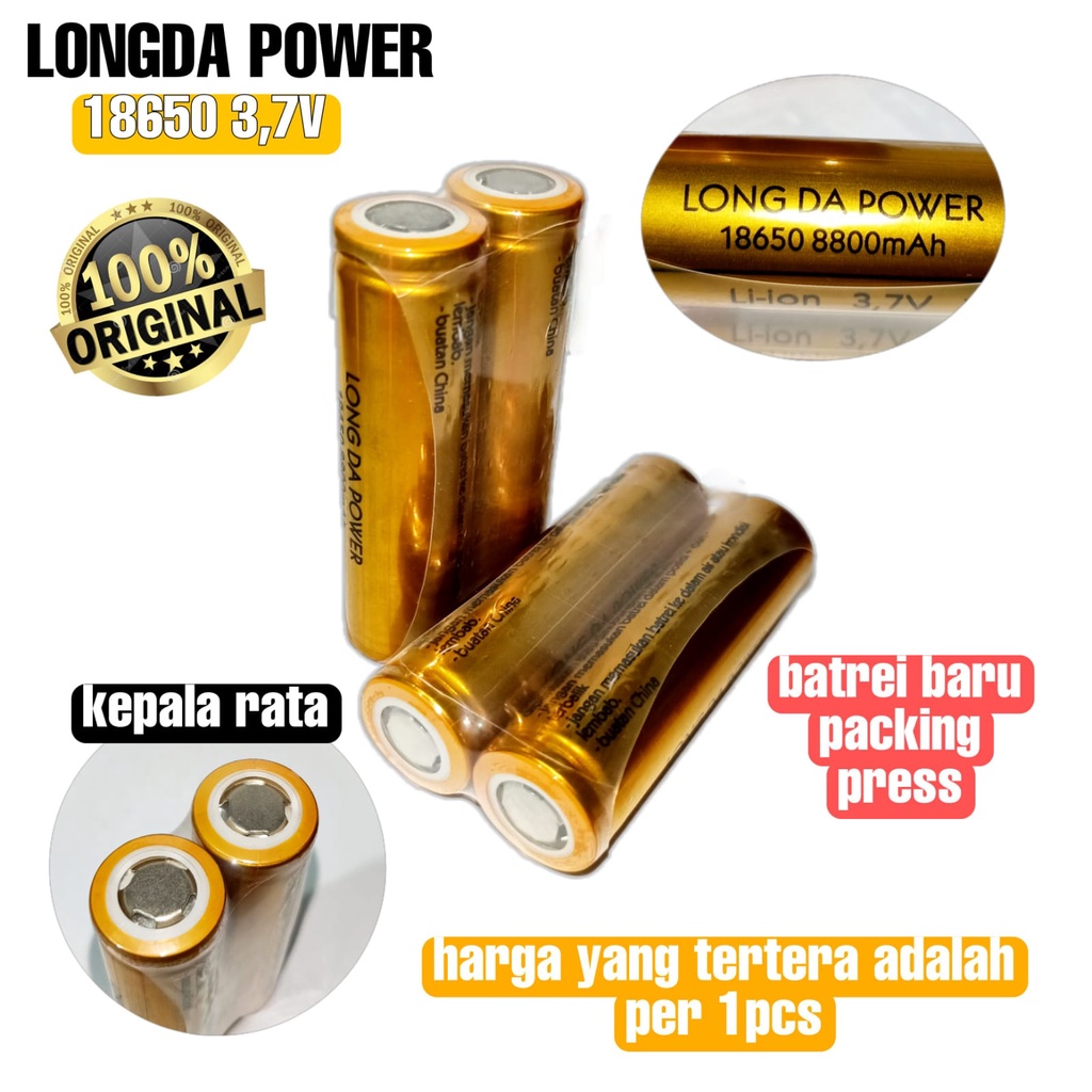 BATREI BATRE BATERAI CAS RECHARGEABLE MERK LONGDA POWER 18650 3,7VOLT GOLD BATTERY CAS