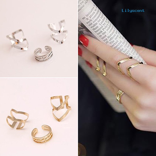 Ls 3Pcs / Set Cincin Knuckle Midi Model Terbuka Desain Anak Panah Hollow Untuk Wanita