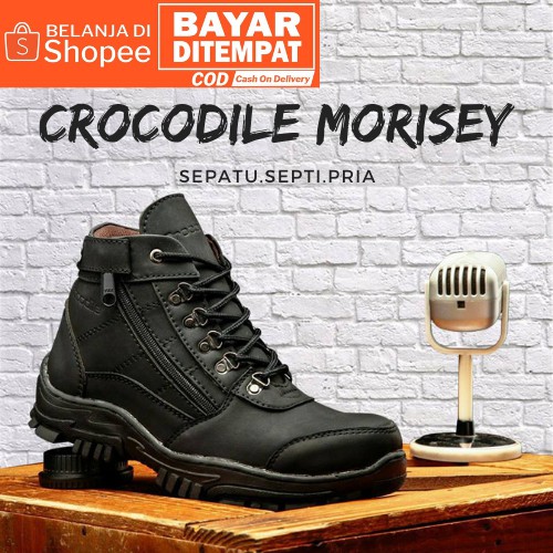 Sepatu Safety Pria Boots Crocodile MORISEY Hitam Ujung Besi Working Proyek Hiking - BISA COD