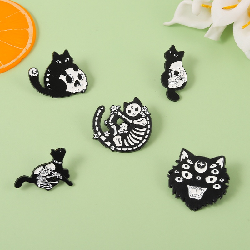 Bros Pin Enamel Bentuk Kucing Tengkorak 5 Gaya Gothic Punk Untuk Hadiah