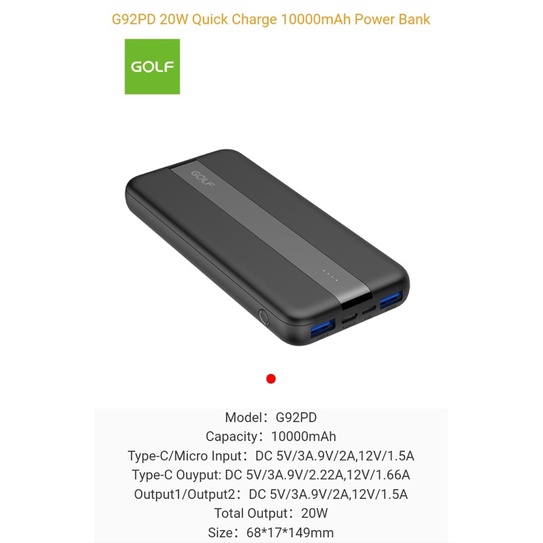 New Golf Powerbank Termurah G92 PD + QC 10.000MAH 20w Quick Charger 2USB 2OUTPUT