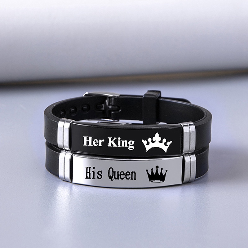 Fancyqube Gelang Pasangan Desain Mahkota Her King His Queen Bahan Silikon Untuk Unisex