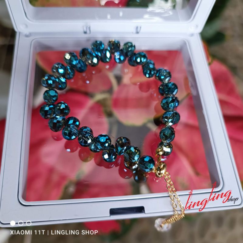 Gelang kristal serut,gelang kristal serut korea,gelang kristal tali elastis free BOX-Birutua serut