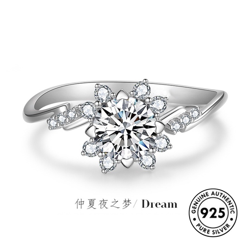 Cincin Desain Bunga Aksen Berlian Bahan S925 Silver Untuk Wanita