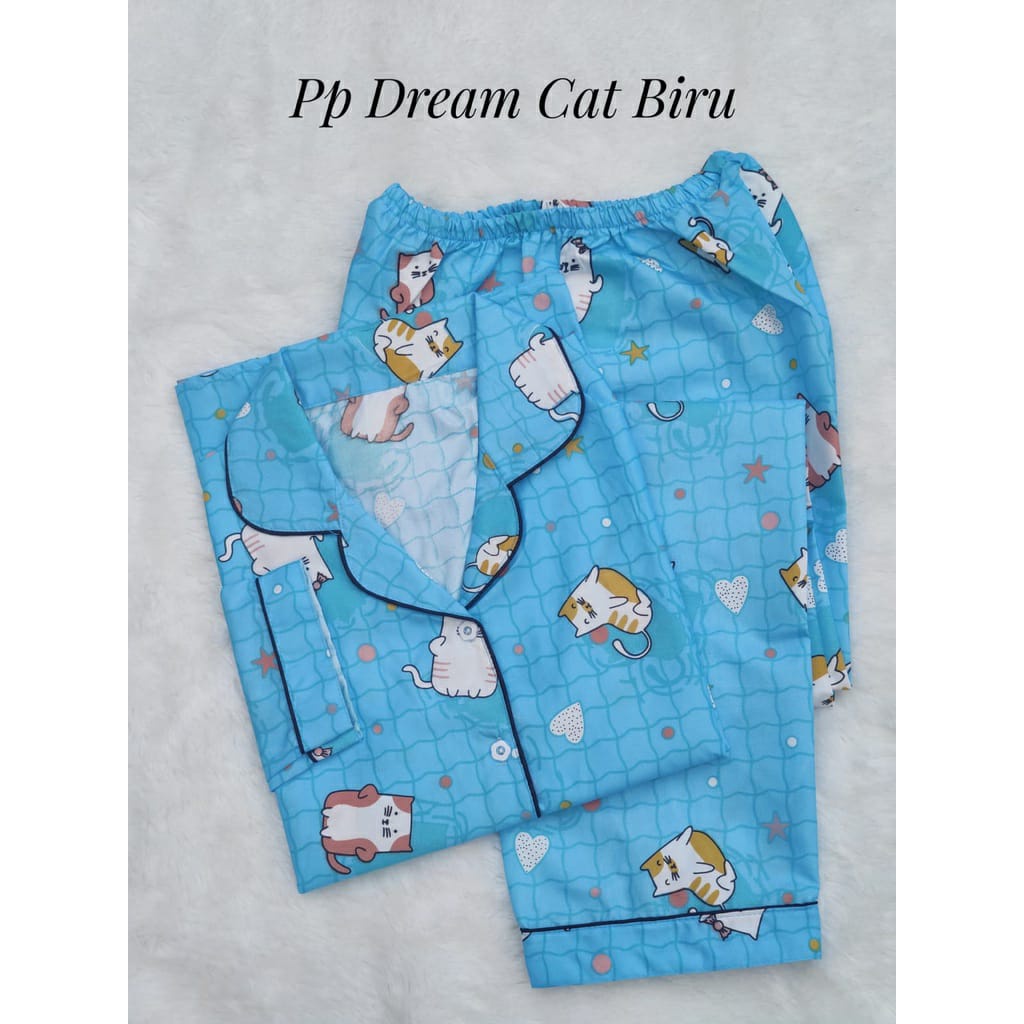 BAJU TIDUR WANITA LENGAN PANJANG / SETELAN PIYAMA WANITA KATUN MOTIF PP-DREAM CAT BIRU