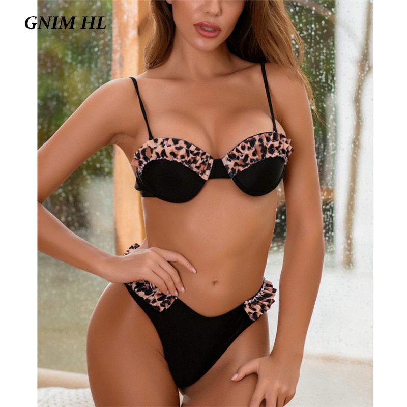 PREORDER GNIM Leopard Jahitan Baju Renang Bikini Wanita Push Up 2020 Sexy Ruffle Baju Renang Perempu