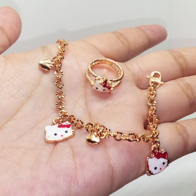 set perhiasan gelang dan cincin anak balita helo kity cat