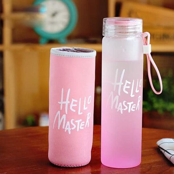 Botol Minum Hello Master Kaca Tempat Minum Anak Air 480 Ml / Botol Minum Viral Gemoy Gradiasi Pastel