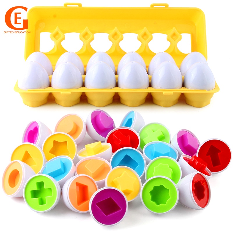 12pcs Mainan Pencocokan Telur Pintar 3D Bentuk Geometri Match Puzzle Montessori Anak Mainan Edukasi Dini