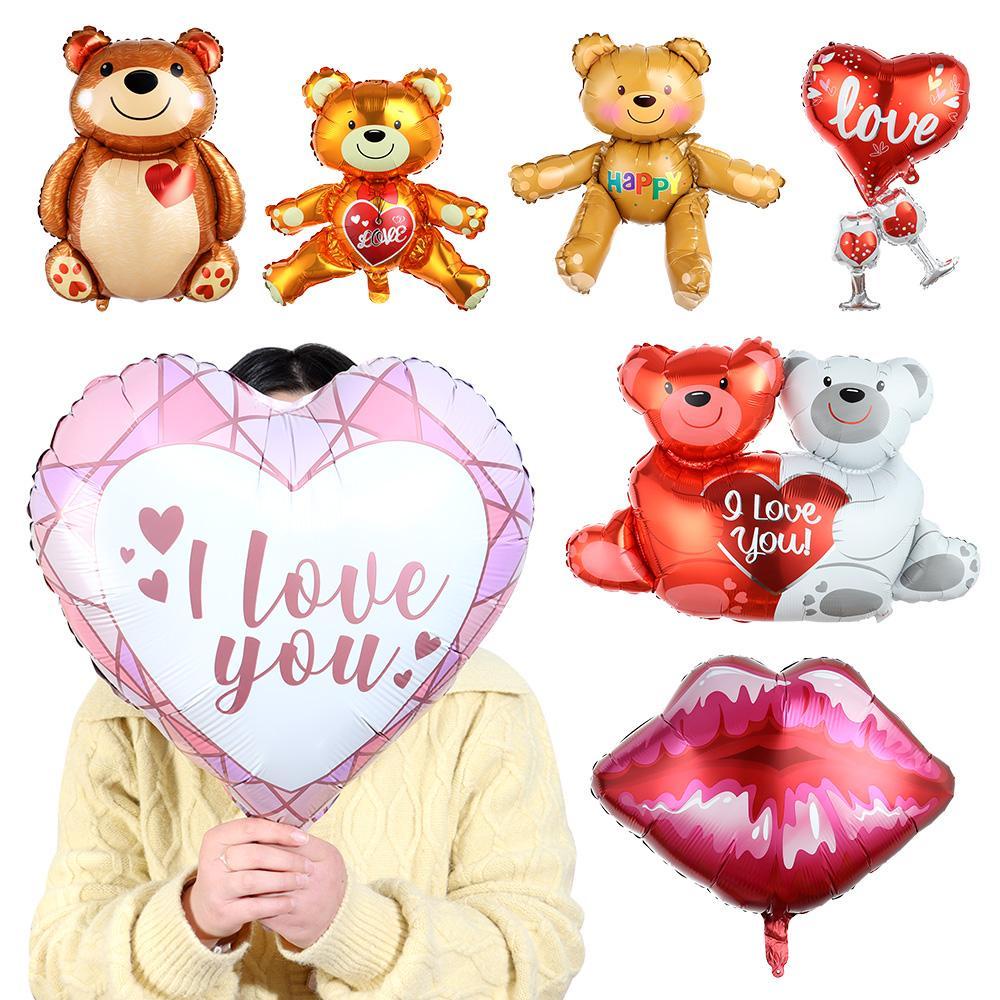 Solighter Valentines Day Balon Foil Anniversary Pernikahan Dekorasi Air Bola Tiup Perlengkapan Pesta Bibir Hati Merah