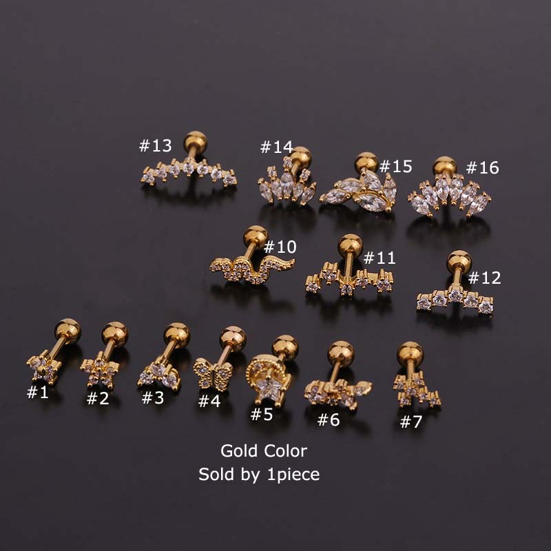 1piece Screw Stainless Steel Ear Stud 16G 6mm Length Upper Lobe Tragus Helix Piercing Copper with Zircon