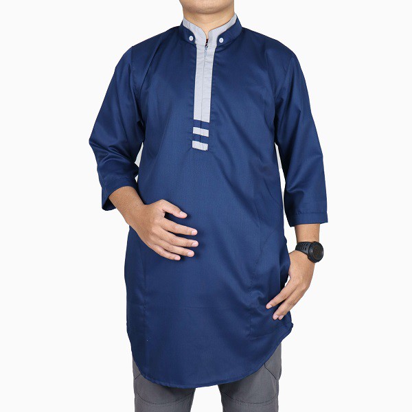Baju Koko Kurta Pria Pakistan Stripe Lengan 3/4 Navy Moslem V / VMOS 03