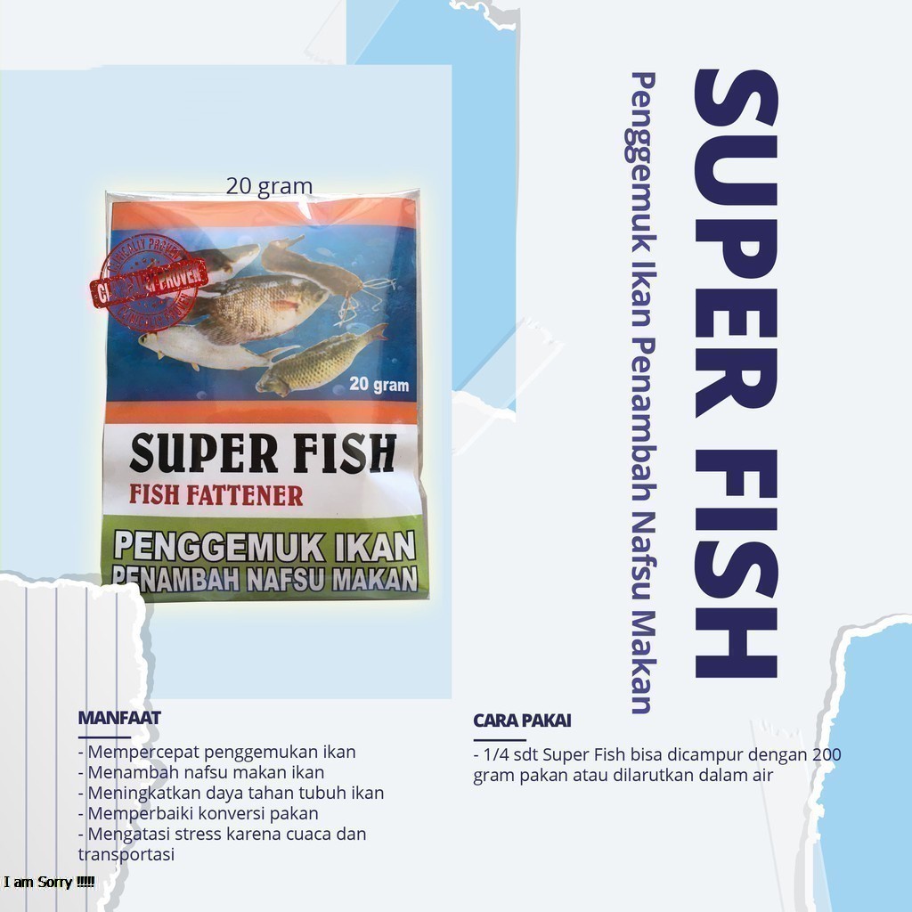 SUPLEMEN PENGGEMUK IKAN - SUPER FISH 20 GRAM ORIGINAL - SUPERFISH PENAMBAH NAFSU MAKAN - TINGKATKAN DAYA TAHAN TUBUH &amp; IMUN IKAN FISH - MURAH - PET ANIMAL HEALTHCARE &amp; VETERINARY TAMASINDO OBAT &amp; VITAMIN TERNAK HEWAN BINATANG PELIHARAAN MITRAPETLOVER