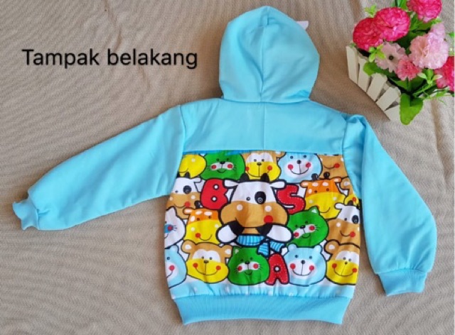 Jaket bayi topi telinga binatang full print 6-12m lucu murah / mantel bayi sapi jerapah kelinci