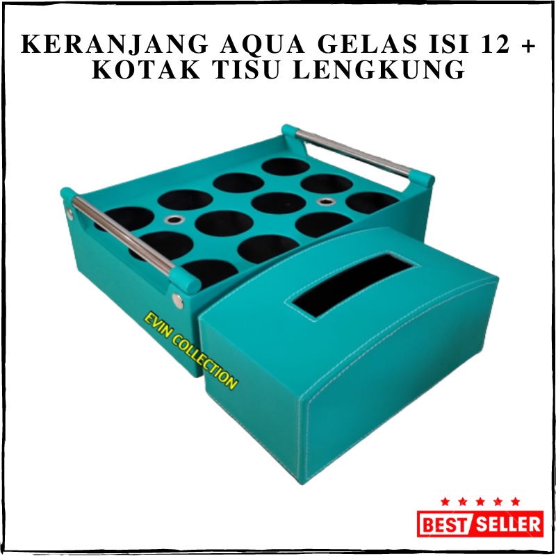 Keranjang Air Mineral Isi 12 Cup + Kotak Tisu Kulit Sintetis Model Lengkung Tempat Aqua Gelas Tempat Tissue