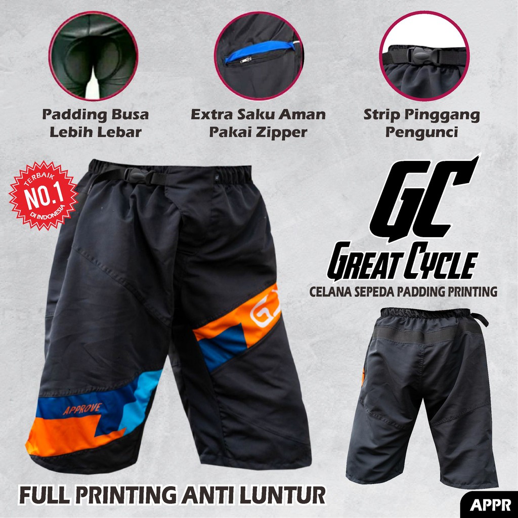 Celana Sepeda GC Non Padding Full Printing Anti Luntur Bahan Microfiber Padding Busa