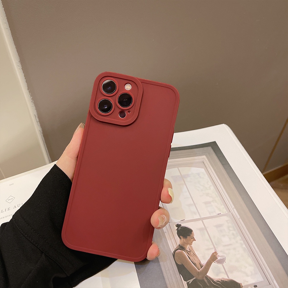 Case Pelindung Kamera Bahan Silikon Warna Merah Anggur Untuk Iphone 11 8 7 Plus SE2 XS XR 12 13 Mini PRO MAX