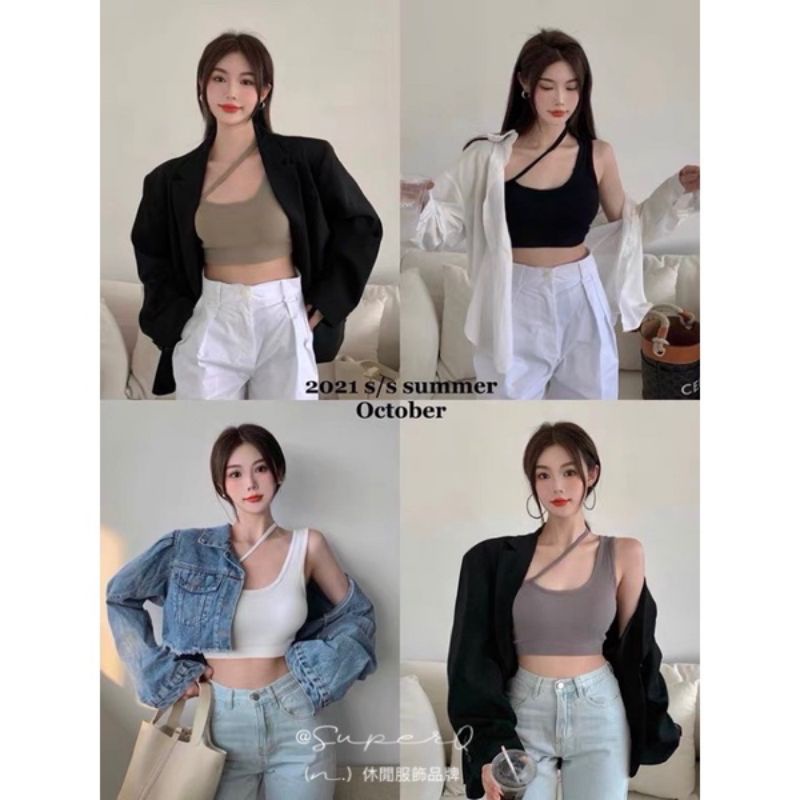 Tank Top Crop Cross Wanita Korean Sexy Asymmetric /  Tank Top Crop Cross Wanita Korean Sexy / Femini