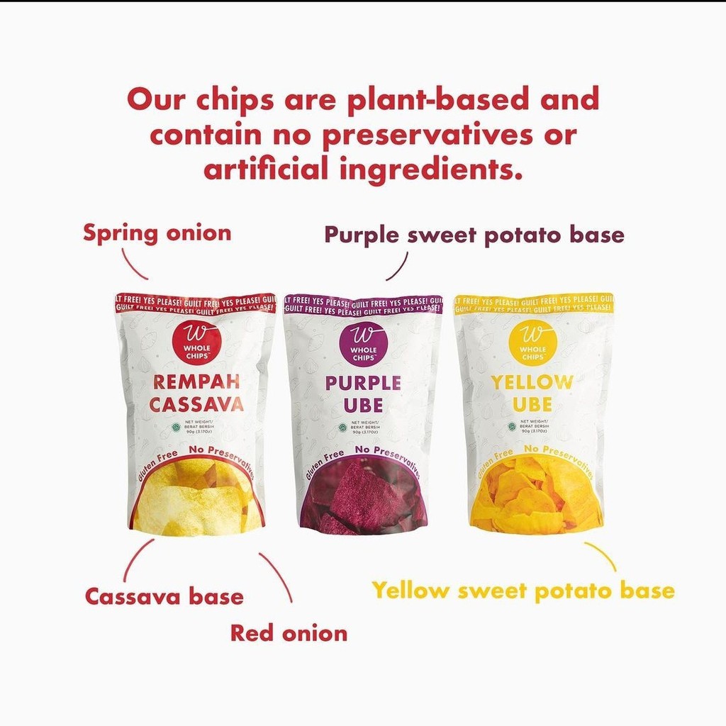 WHOLE CHIPS 90g Purple Ube/Yellow Ube/Rempah Cassava/Keripik Ubi Singkong No MSG Sehat Organic Halal