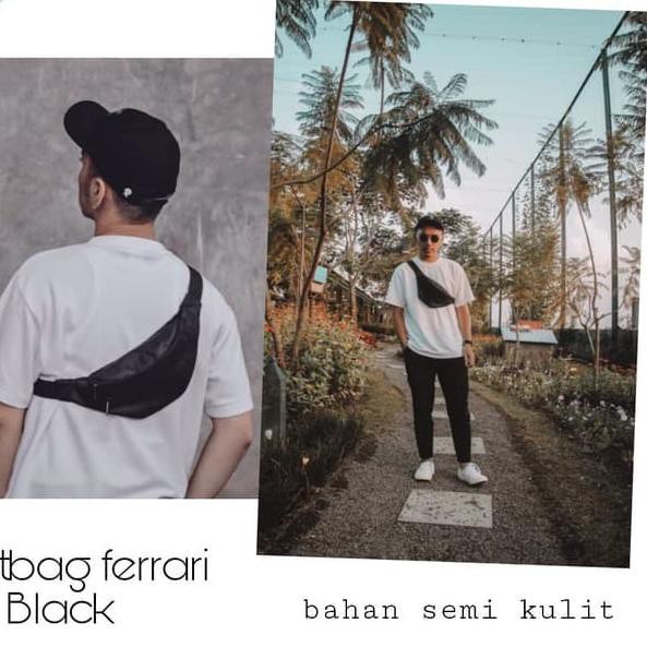 ❃ Tas Waistbag Pria Pinggang Cowok Murah WAIST BAG DISTRO TERBARU SEMI KULIT WB FERARI BLACK K5M9 ۝