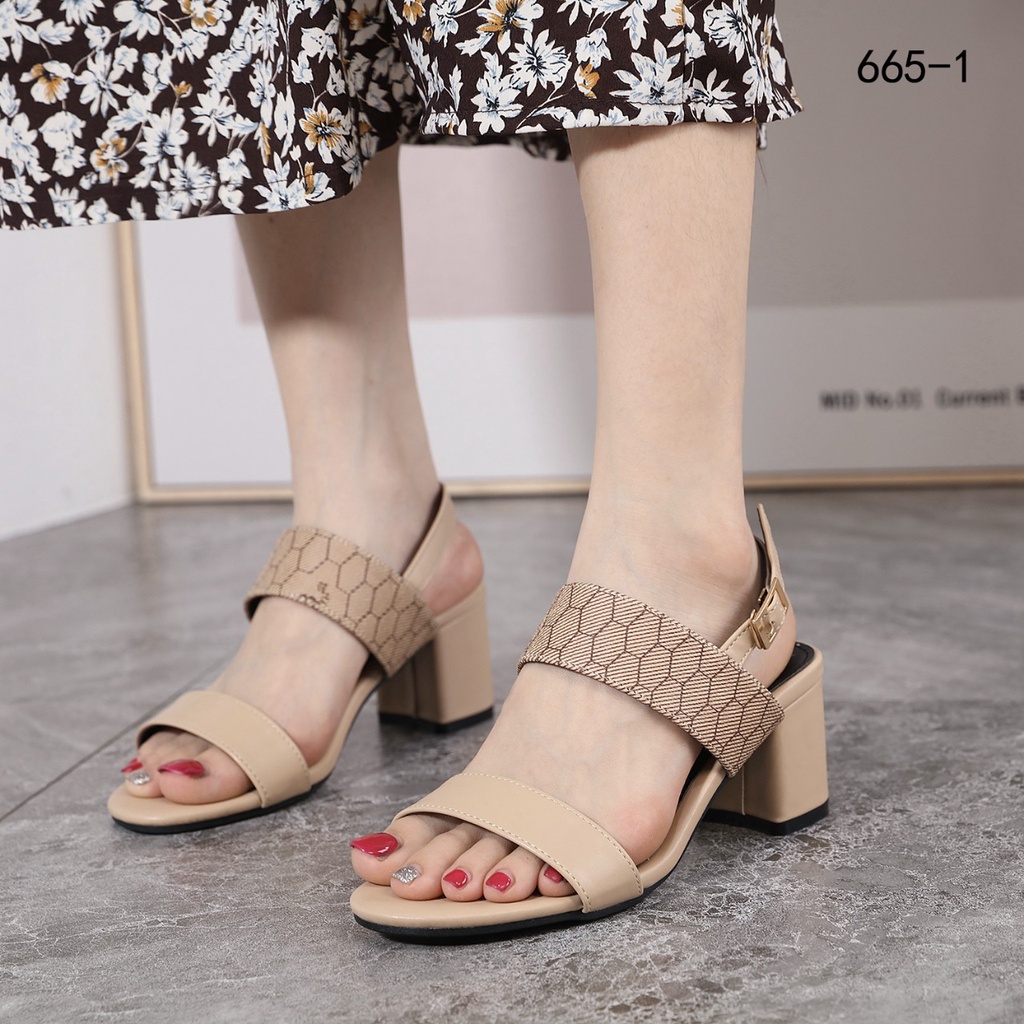 BO Monogram Canvas Double Strap Block Heel Sandals#665-1