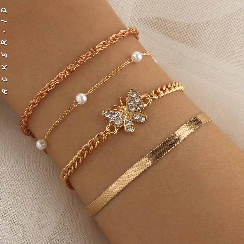 4pcs / Set Gelang Multilayer Desain Kupu-Kupu Aksen Berlian Mutiara Untuk Wanita