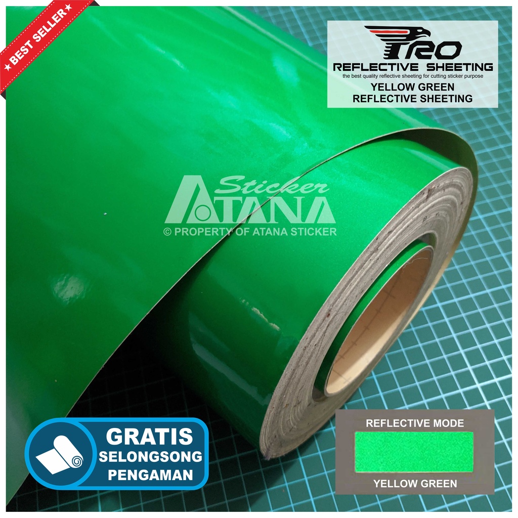 Bahan Stiker Cutting Hijau Skotlet Reflektif Fosfor Green Pro Reflective Sheeting Prolite Nyala Printing Sticker Material Scotchlite Scolite Scotlet Sechotlite Memantulkan Cahaya Flash Malam Hari Mata Kucing Mesin Plotter