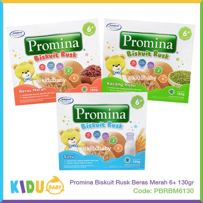 Promina Biskuit Rusk Susu Beras Merah Kacang Hijau 6+ 130gr Biskuit Cemilan Bayi MPASI Kidu Baby