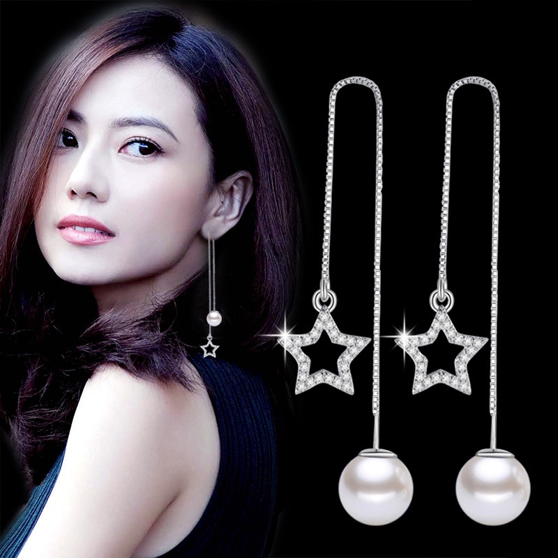 Anting Perak 925 Wanita Bintang Ganda Garis Telinga Mutiara Fashion Perhiasan