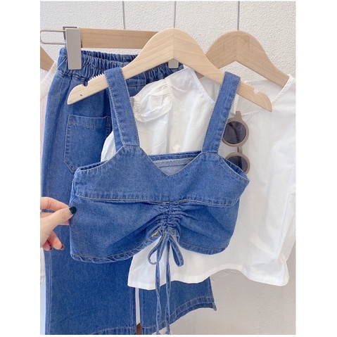 SET ANAK CEWEK ROMPI JEANS KULOT + CELANA SIZE 100-140 ROMPI SET 3 IN 1