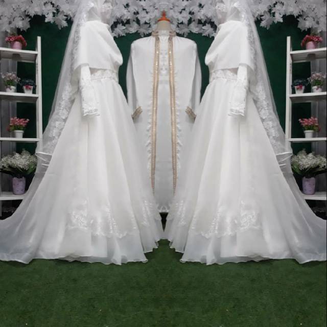 Gaun pengantin muslimah syar'i putih gaun walimah akad wedding dress muslimah syar'i