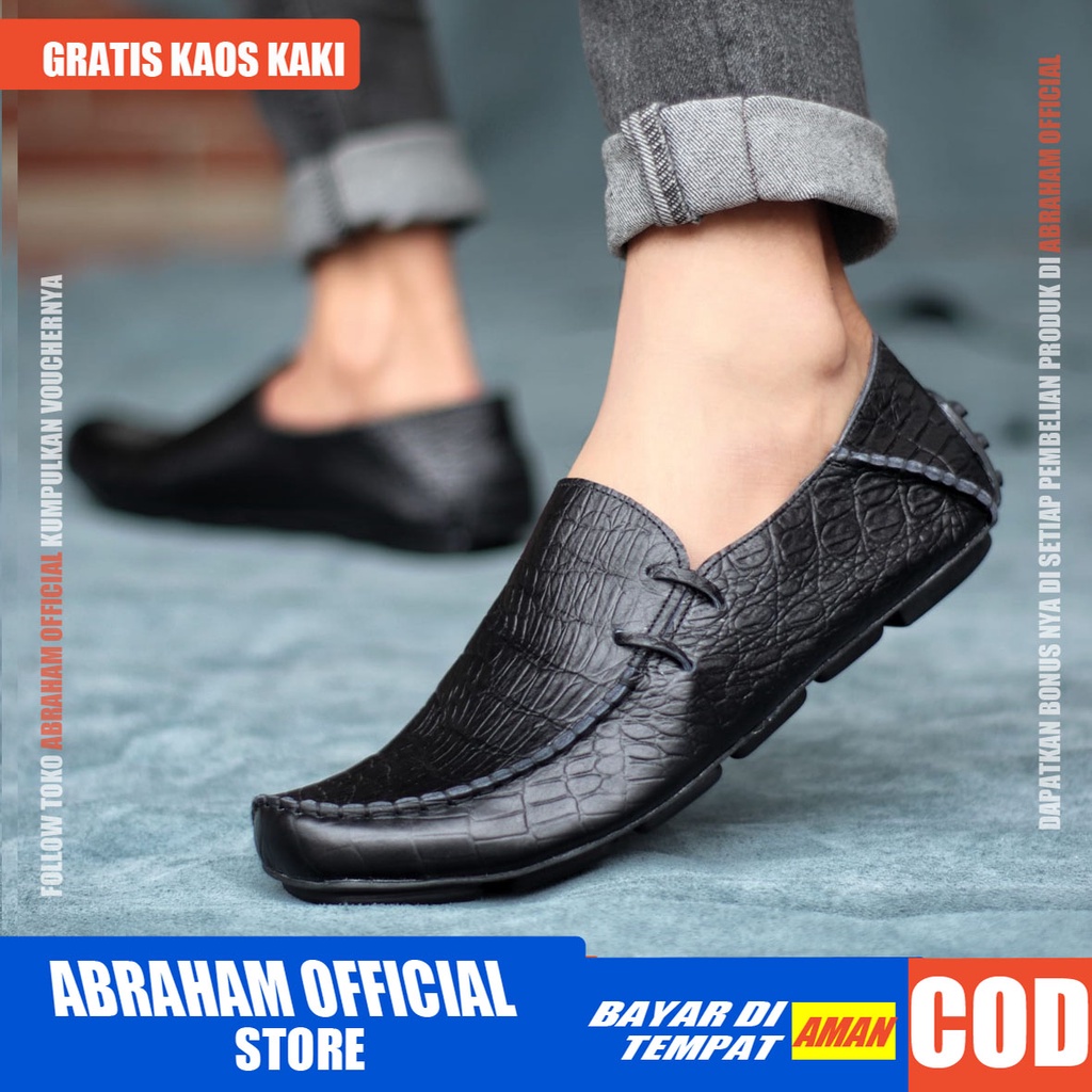 ABRHM x MOCLAY Sepatu Slip On Casual Formal Santai Slop Mocasin Anti Slip Kasual Kulit Asli Pantofel Keja Kuliah Keren Kekinian Gaya Pria Cowok / Cowo