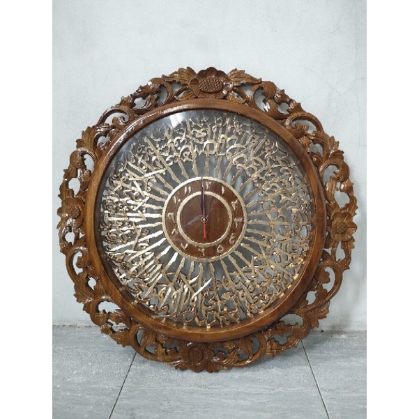 jam dinding kaligrafi ayat kursi Emas tembus jati