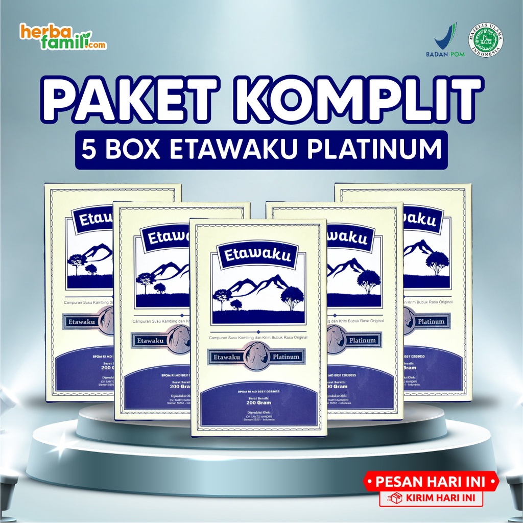 

Susu Etawaku Platinum Original Paket 5 Box Susu Kambing Etawa Bubuk Murni Rendah Gula Untuk Kesehatan Asma Pernafasan Tulang & Sendi Isi 200gr