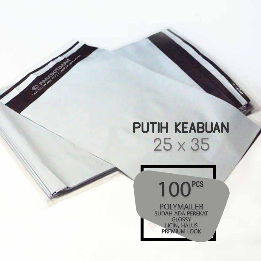 

Polymailer plastik packing 25x35 putih keabuan 100 lbr double layer look Bandung ,.